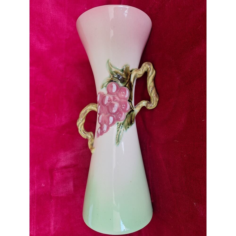 Hull Tokay Pink Green Vase #12 3D Grape Cluster Vine Handle 12" MCM - Excellent
